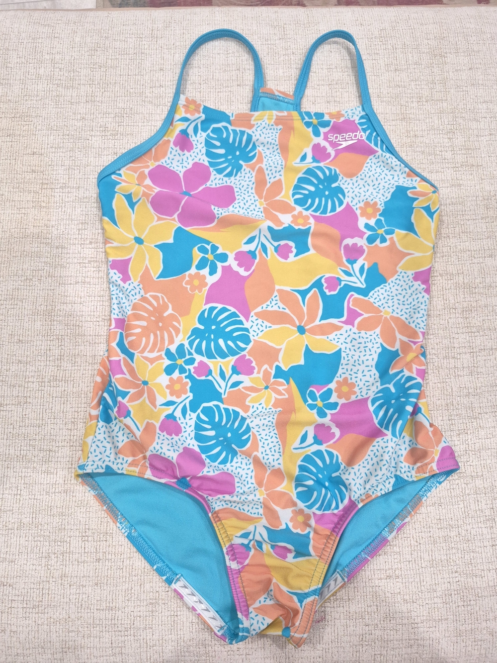 Speedo Girls' Tropical Floral One-Piece Swimsuit in Teal, Pink & Yellow - L